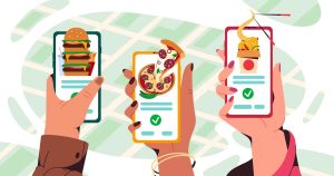 human hands hold smartphone with mobile app for ordering food online
